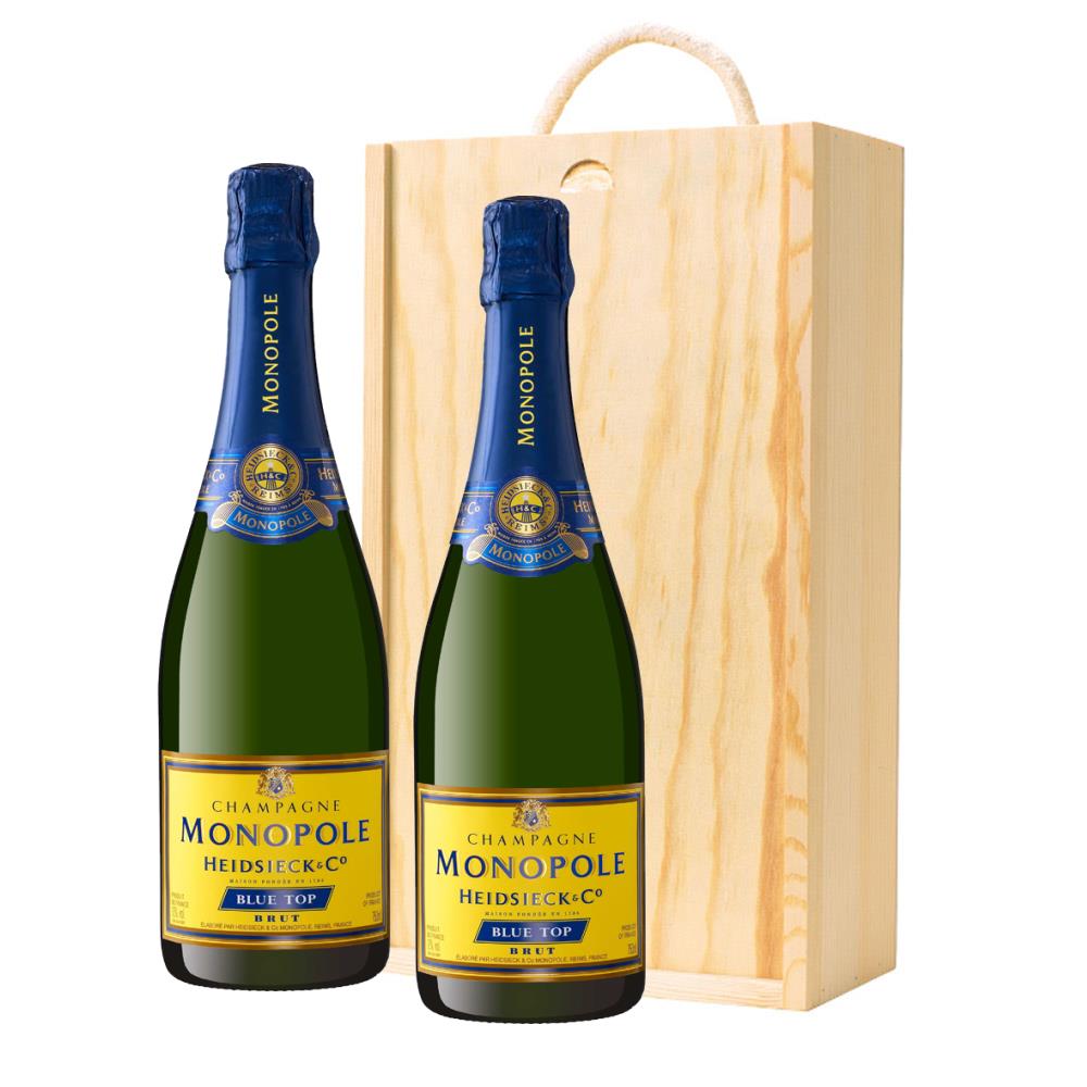 Heidsieck &amp;amp; Co Monopole Blue Top Brut Champagne 75cl Twin Pine Wooden Gift Box (2x75cl)
